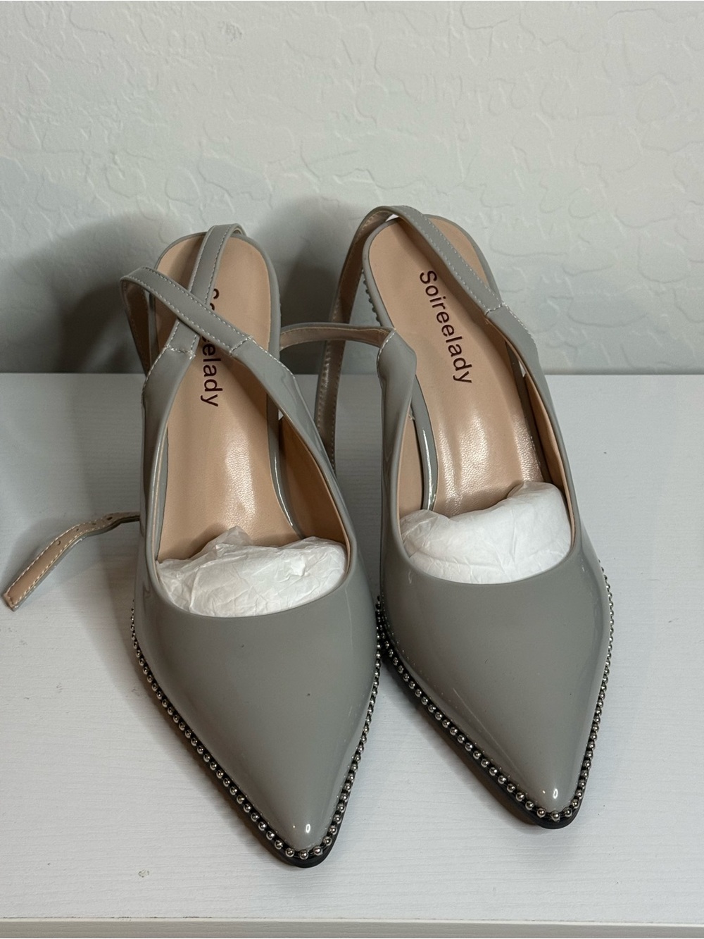 Soireelady Gray Patent Pointed Toe Slingback Heels - Picture 2 of 6
